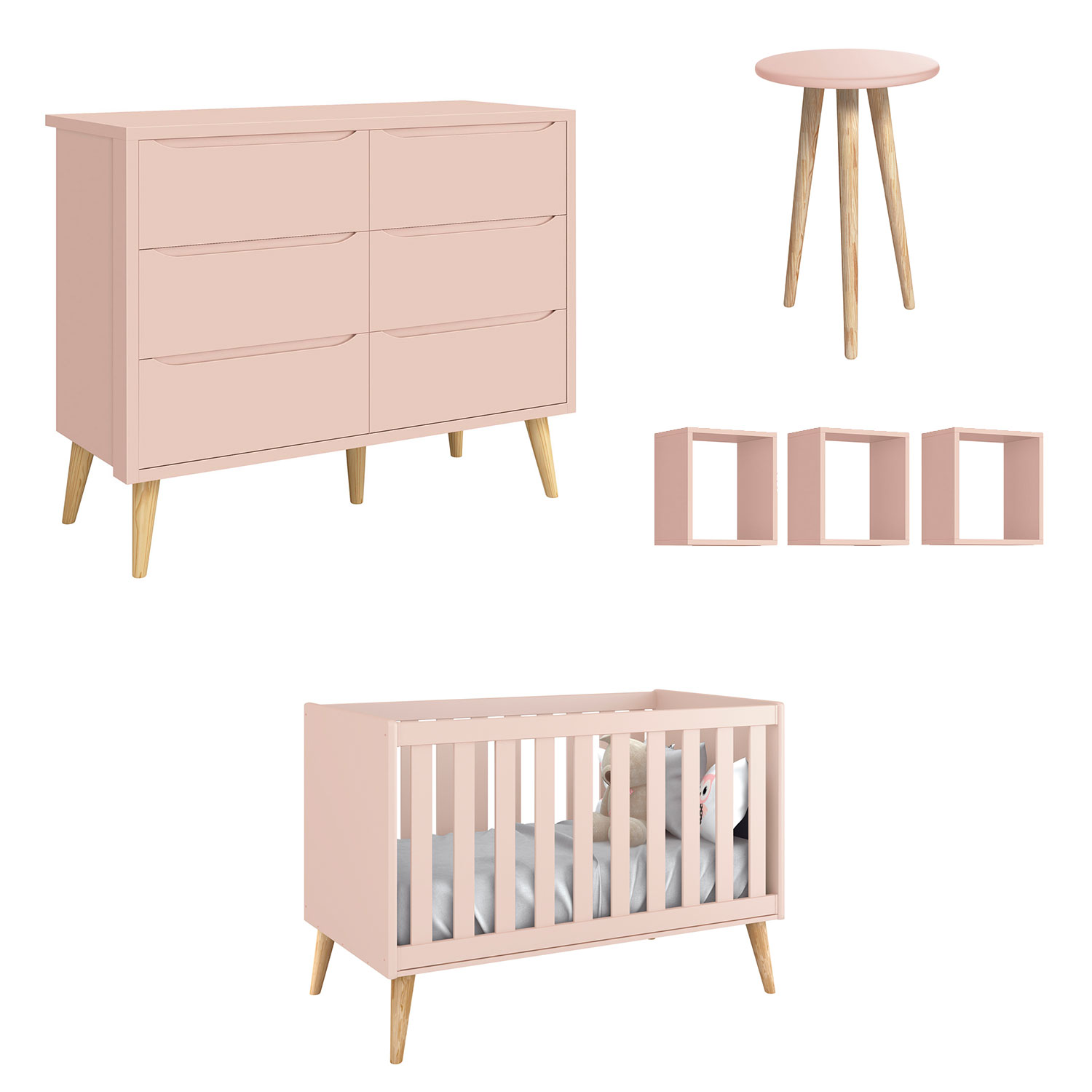 Jogo de Quarto para Bebê Théo New Rosa Fosco com Natural - Reller
