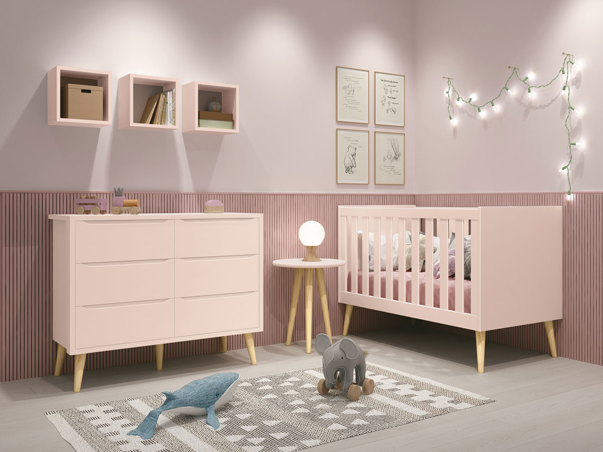 Jogo de Quarto para Bebê Théo New Rosa Fosco com Natural - Reller