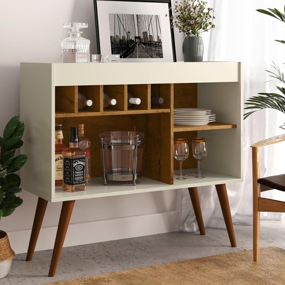 Aparador Bar New Odin Adega 5 Garrafas 2 Nichos Pés Palito Madeira Maciça Decoração Sala Jantar Estar - Off White/Freijó - RPM Móveis