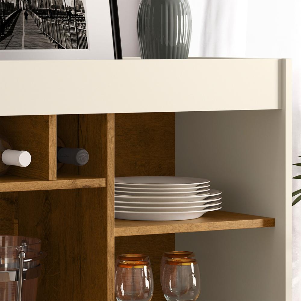 Aparador Bar New Odin Adega 5 Garrafas 2 Nichos Pés Palito Madeira Maciça Decoração Sala Jantar Estar - Off White/Freijó - RPM Móveis
