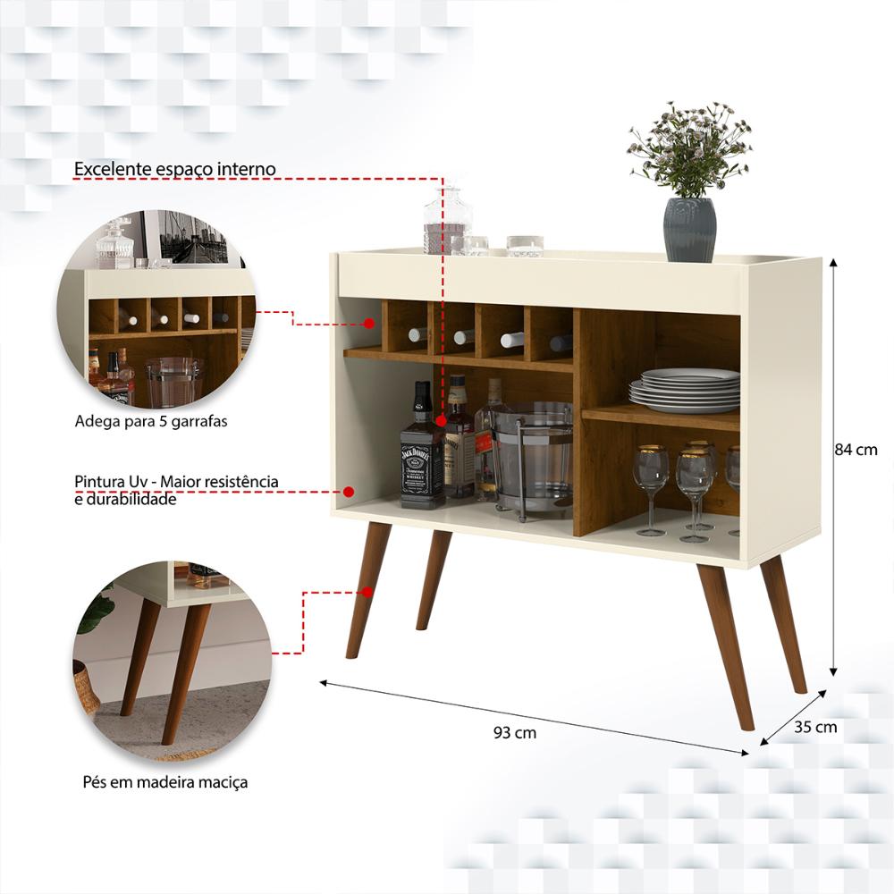 Aparador Bar New Odin Adega 5 Garrafas 2 Nichos Pés Palito Madeira Maciça Decoração Sala Jantar Estar - Off White/Freijó - RPM Móveis