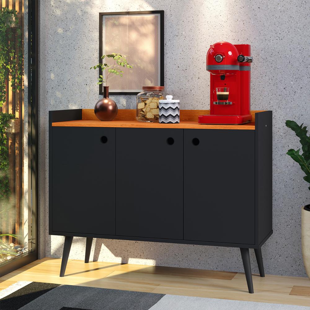 Aparador Buffet 3 Portas Balcão Moderno Multiuso Pequeno 90 cm Sala Estar Jantar Escritório Wood New- Preto/Cinamomo -RPM Móveis