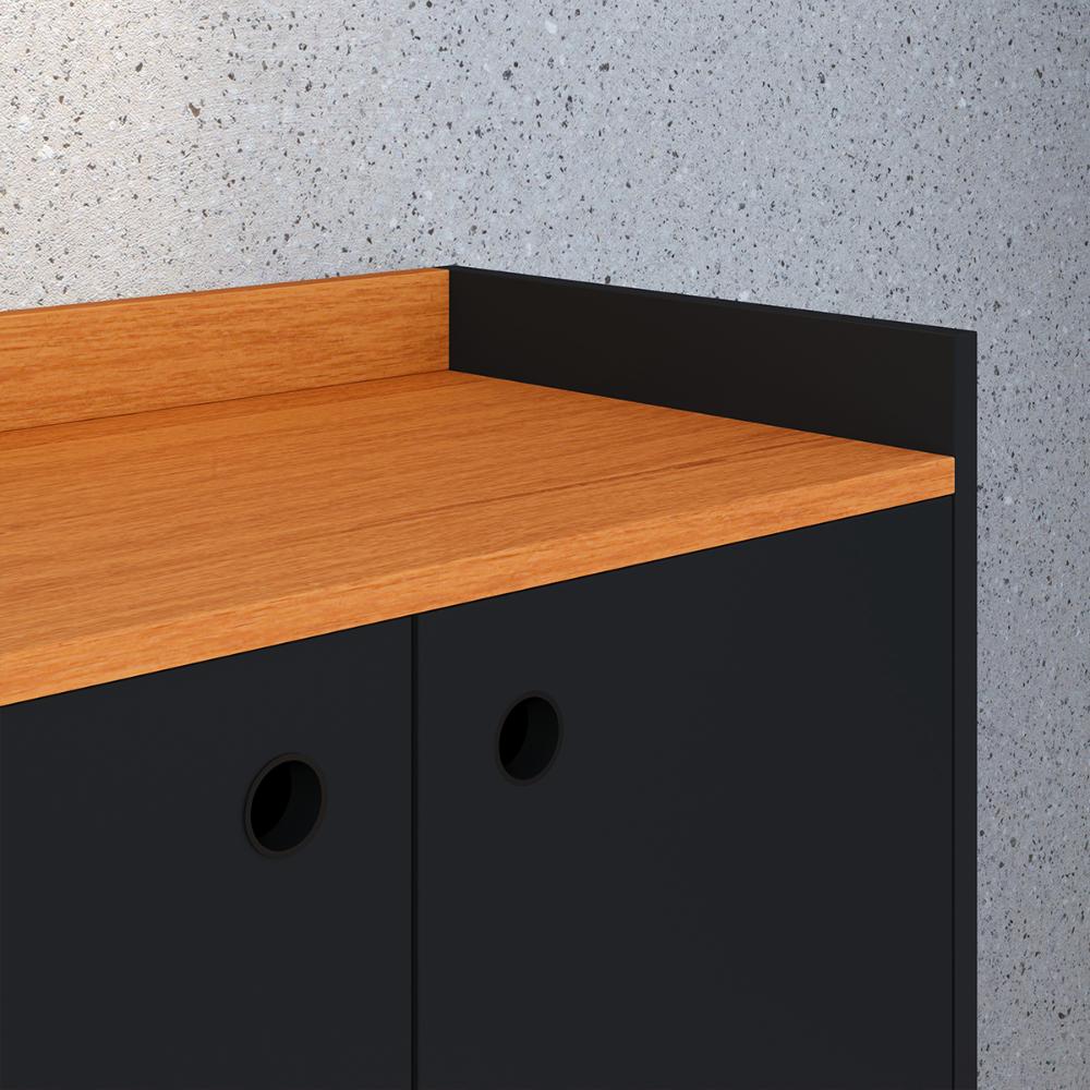 Aparador Buffet 3 Portas Balcão Moderno Multiuso Pequeno 90 cm Sala Estar Jantar Escritório Wood New- Preto/Cinamomo -RPM Móveis