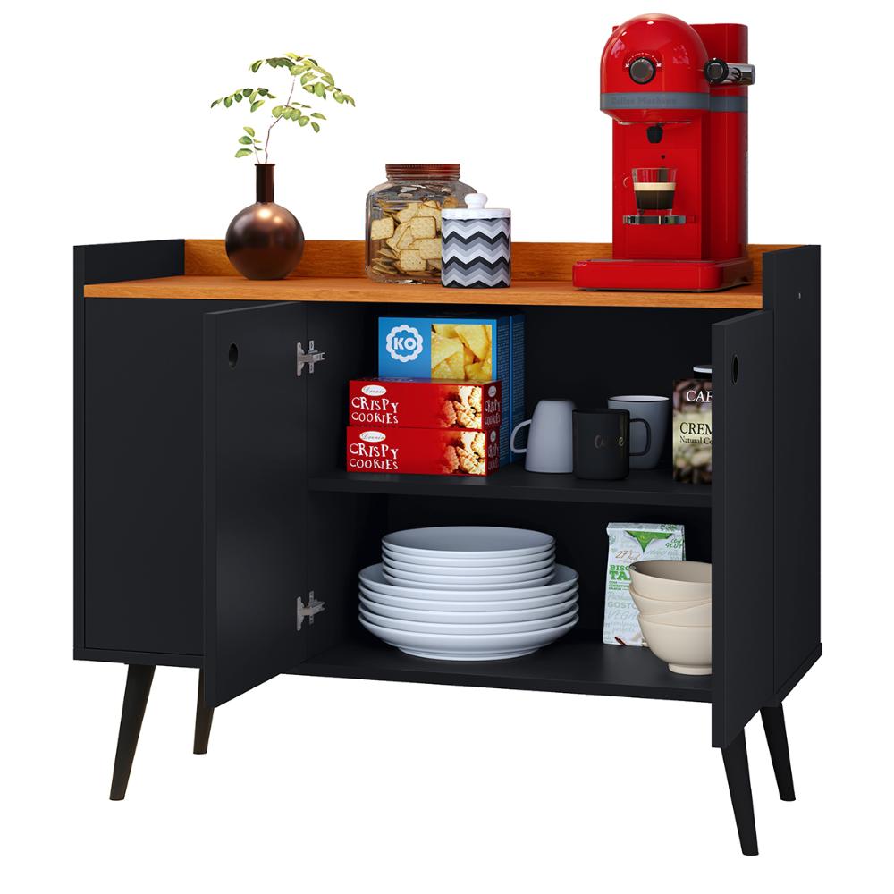 Aparador Buffet 3 Portas Balcão Moderno Multiuso Pequeno 90 cm Sala Estar Jantar Escritório Wood New- Preto/Cinamomo -RPM Móveis