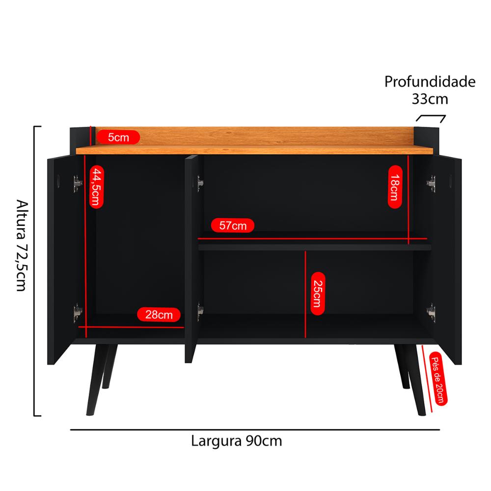 Aparador Buffet 3 Portas Balcão Moderno Multiuso Pequeno 90 cm Sala Estar Jantar Escritório Wood New- Preto/Cinamomo -RPM Móveis