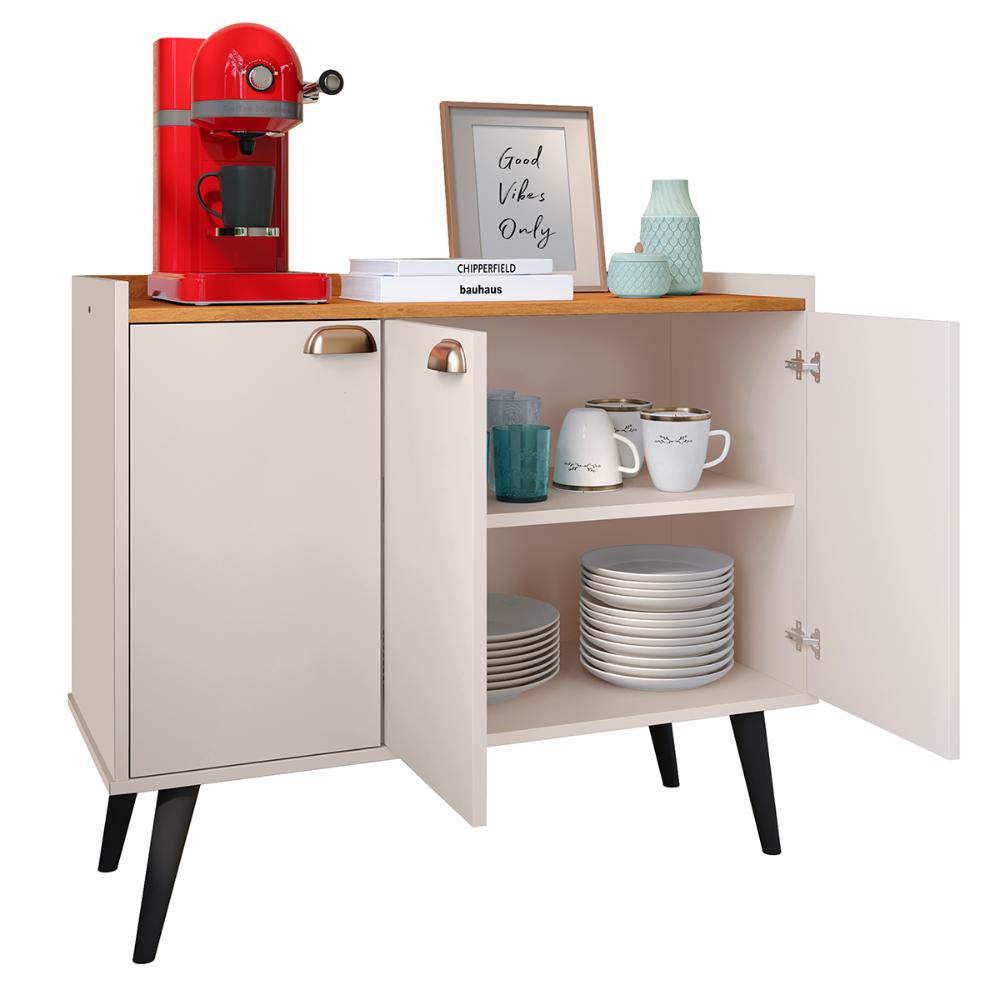 Aparador Buffet 3 Portas Cantinho Café Prateleira Organizadora Puxador Concha Vintage Pés Retrô  Sala Jantar Truzzi - Off White/Cinamomo - RPM