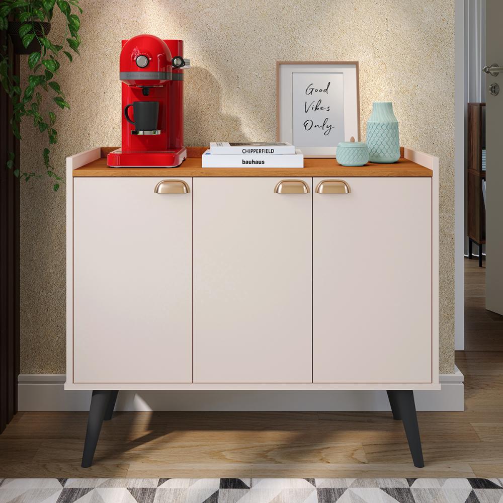 Aparador Buffet 3 Portas Cantinho Café Prateleira Organizadora Puxador Concha Vintage Pés Retrô  Sala Jantar Truzzi - Off White/Cinamomo - RPM