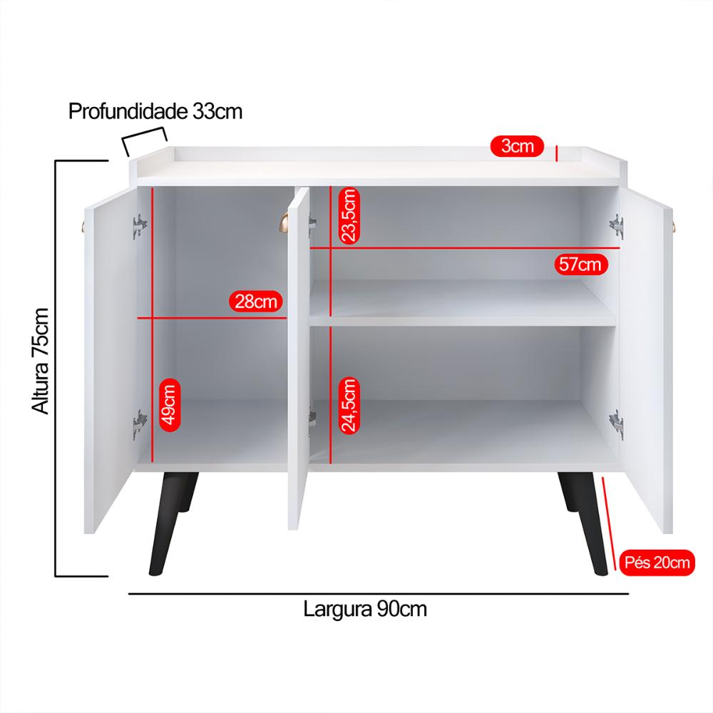 Aparador Buffet 3 Portas Cantinho Café Prateleira Organizadora Puxador Concha Vintage Pés Retrô Decoração Sala Jantar Truzzi - Branco - RPM