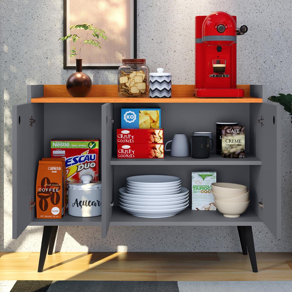 Aparador Buffet 3 Portas Moderno 90 cm Cantinho Café Sala Estar Jantar Recepção Pequena Wood New- Cinza/ Cinamomo - RPM Móveis
