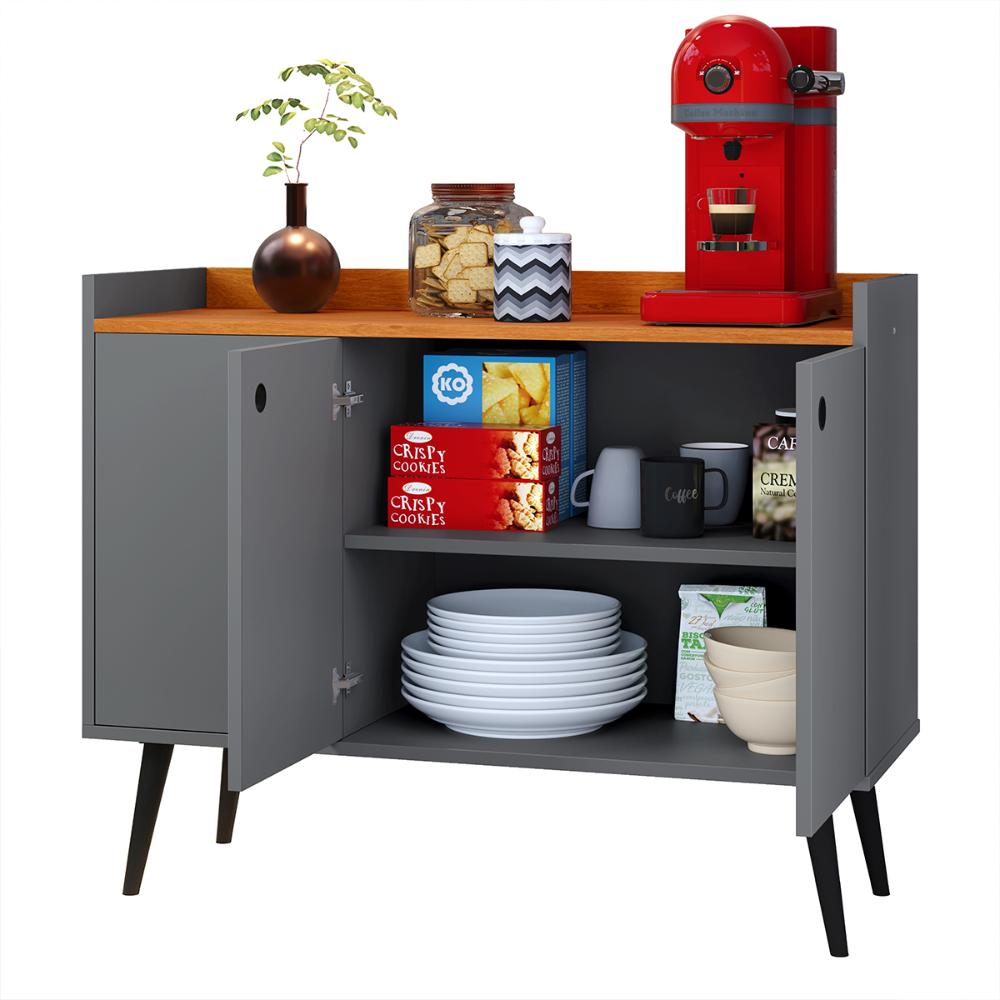 Aparador Buffet 3 Portas Moderno 90 cm Cantinho Café Sala Estar Jantar Recepção Pequena Wood New- Cinza/ Cinamomo - RPM Móveis