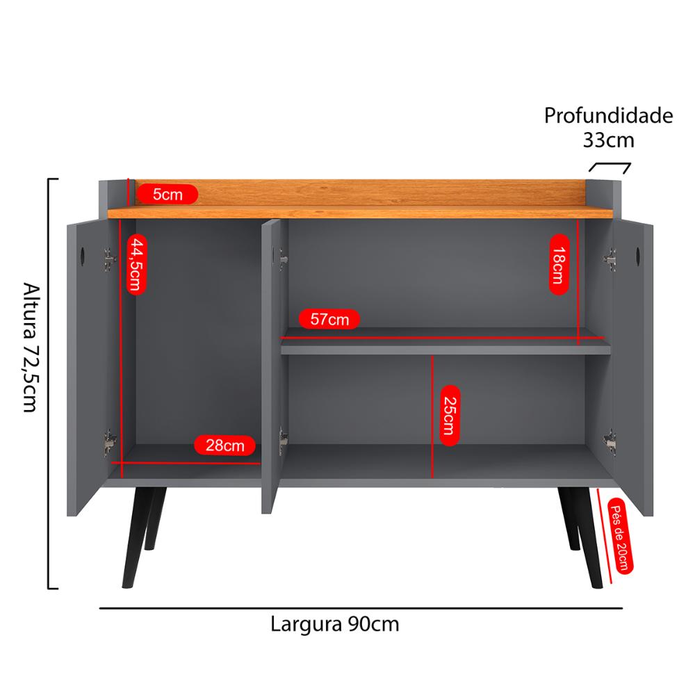 Aparador Buffet 3 Portas Moderno 90 cm Cantinho Café Sala Estar Jantar Recepção Pequena Wood New- Cinza/ Cinamomo - RPM Móveis