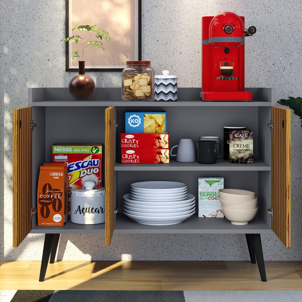 Aparador Buffet Balcão Compacto 90 cm Multiuso Decoração Sala Jantar Estar Escritório Wood New- Cinza/ Ripado - RPM Móveis