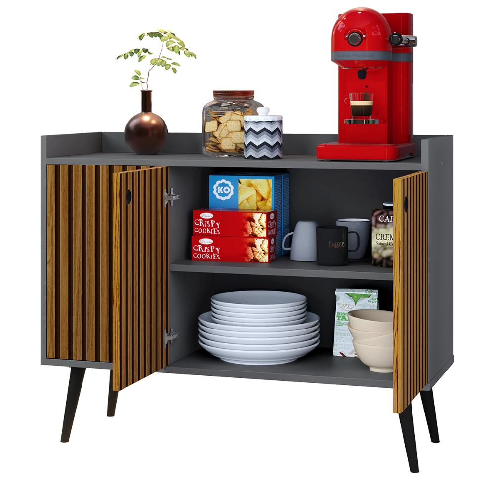 Aparador Buffet Balcão Compacto 90 cm Multiuso Decoração Sala Jantar Estar Escritório Wood New- Cinza/ Ripado - RPM Móveis
