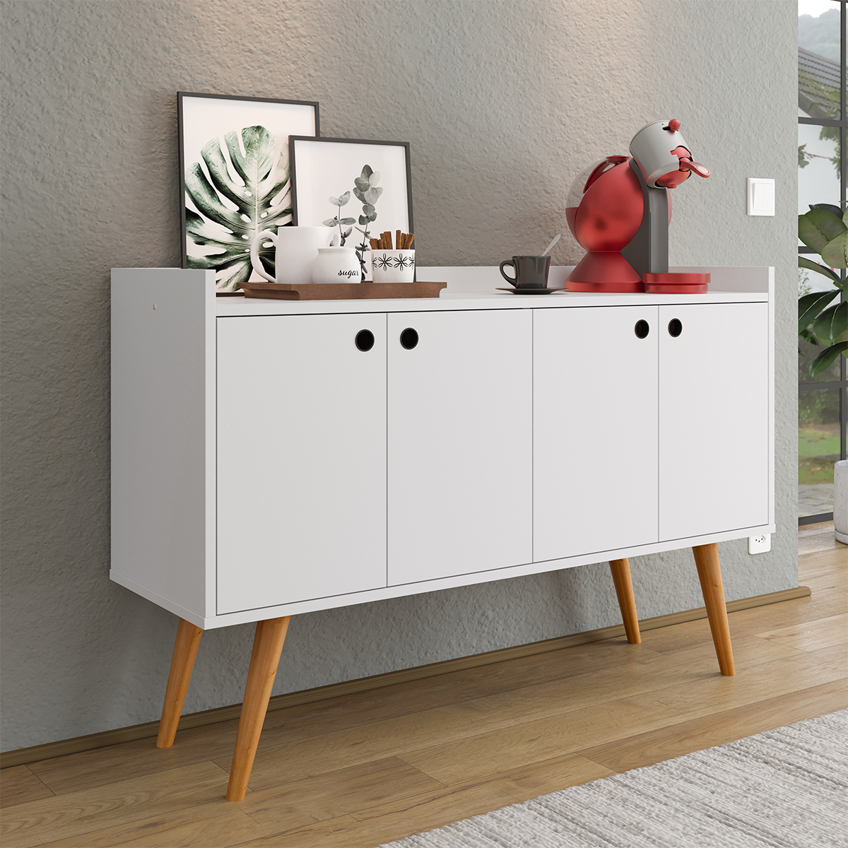 Aparador Buffet Dallas Pés Palito Retrô 4 Portas Decoração Sala Jantar Cantinho Café - Branco - RPM Móveis
