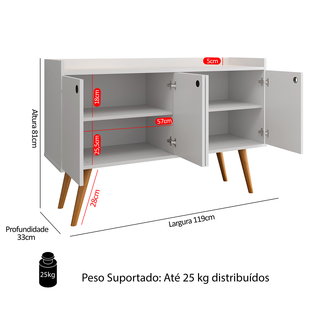 Aparador Buffet Dallas Pés Palito Retrô 4 Portas Decoração Sala Jantar Cantinho Café - Branco - RPM Móveis