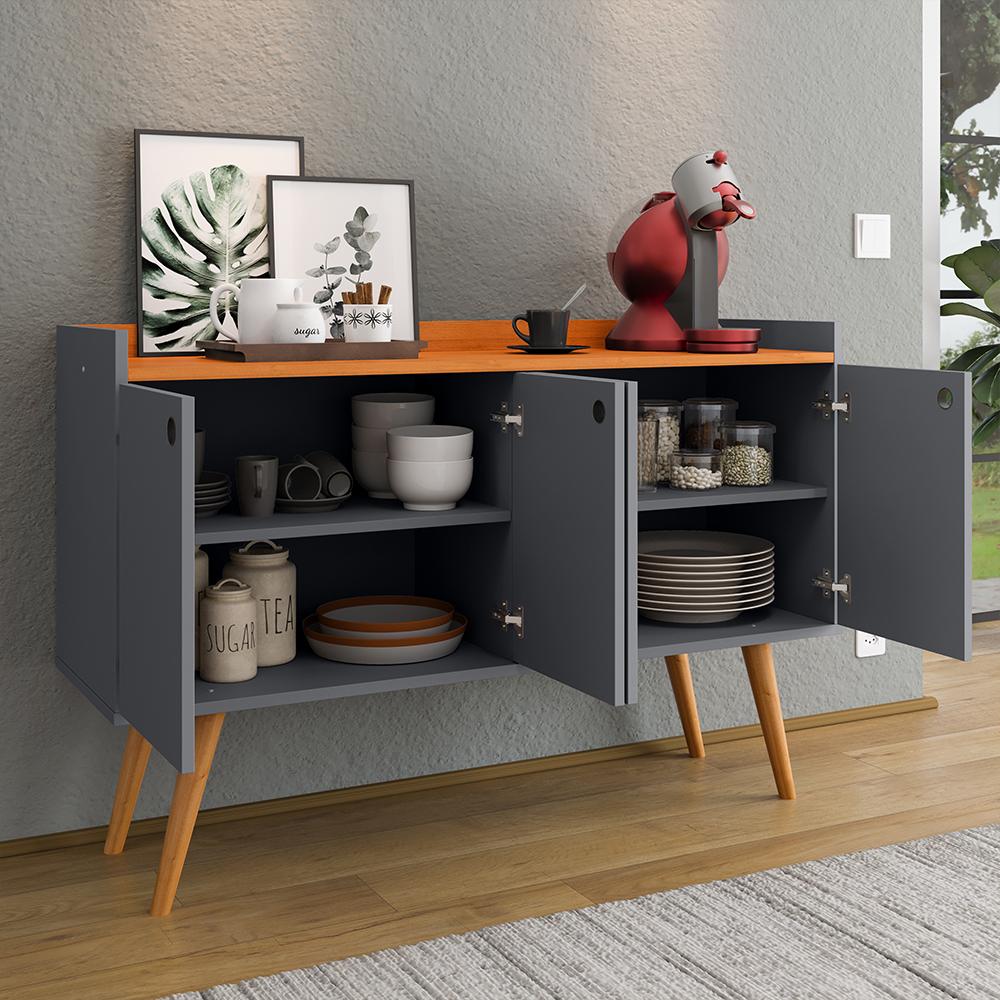 Aparador Buffet Dallas Pés Palito Retrô 4 Portas Decoração Sala Jantar Cantinho Café - Cinza/Cinamomo - RPM Móveis