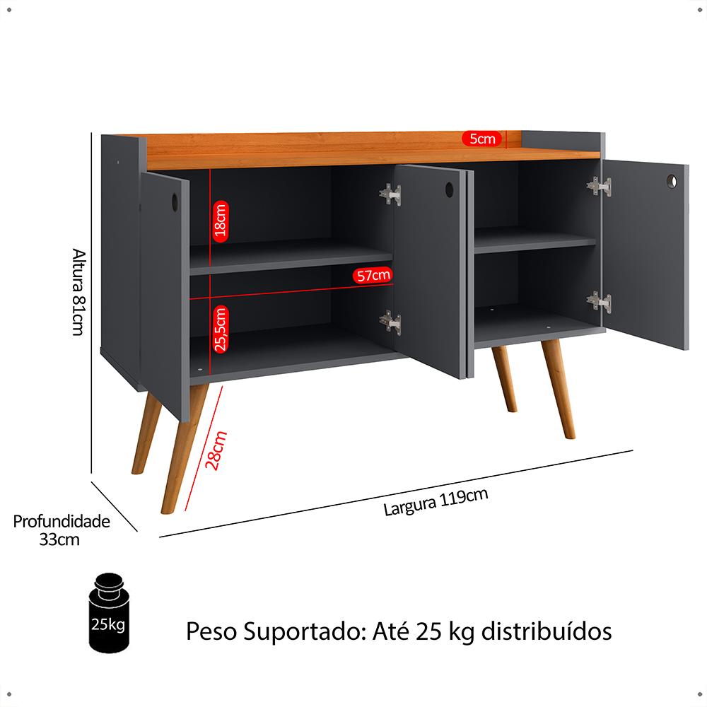 Aparador Buffet Dallas Pés Palito Retrô 4 Portas Decoração Sala Jantar Cantinho Café - Cinza/Cinamomo - RPM Móveis