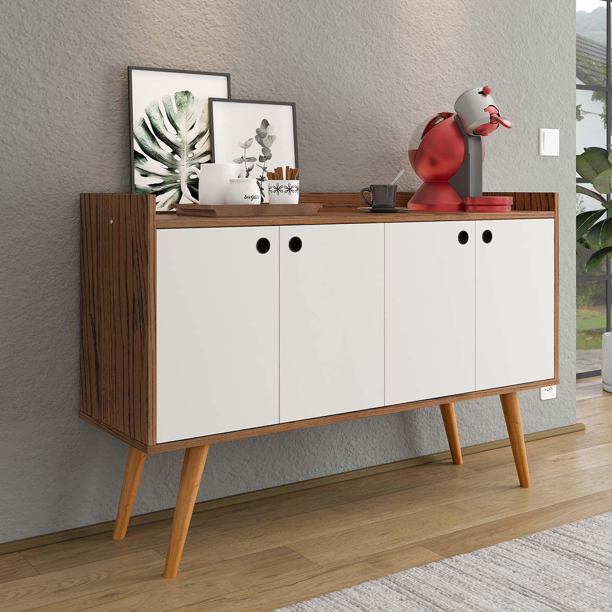 Aparador Buffet Dallas Pés Palito Retrô 4 Portas Decoração Sala Jantar Cantinho Café - Freijó/Off White - RPM Móveis