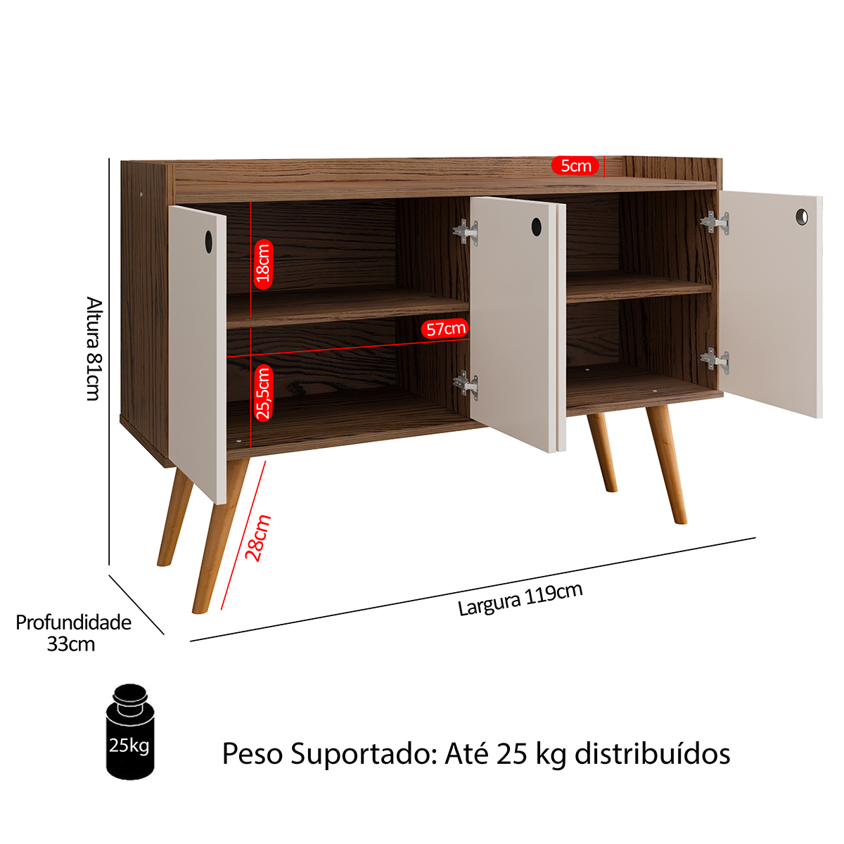Aparador Buffet Dallas Pés Palito Retrô 4 Portas Decoração Sala Jantar Cantinho Café - Freijó/Off White - RPM Móveis