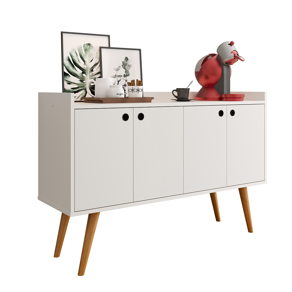 Aparador Buffet Dallas Pés Palito Retrô 4 Portas Decoração Sala Jantar Cantinho Café - Off White - RPM Móveis