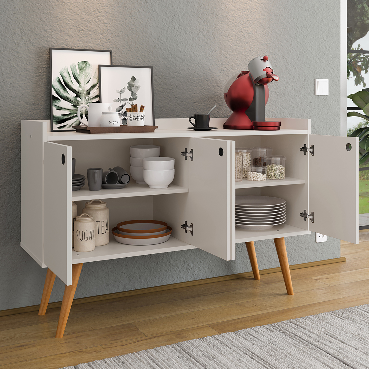 Aparador Buffet Dallas Pés Palito Retrô 4 Portas Decoração Sala Jantar Cantinho Café - Off White - RPM Móveis