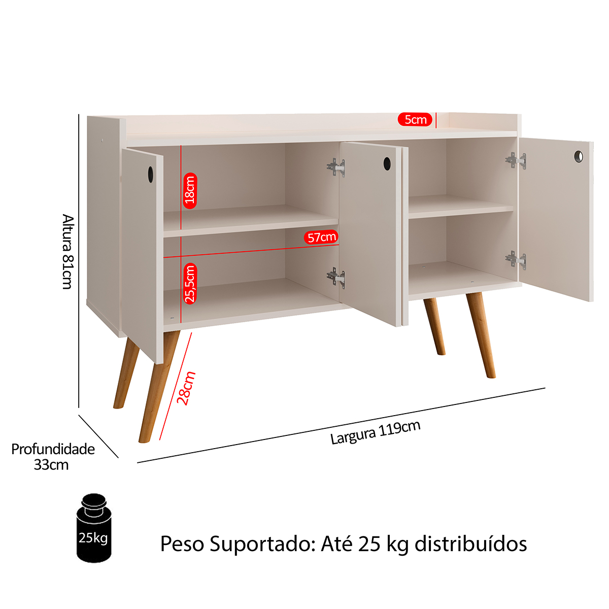 Aparador Buffet Dallas Pés Palito Retrô 4 Portas Decoração Sala Jantar Cantinho Café - Off White - RPM Móveis