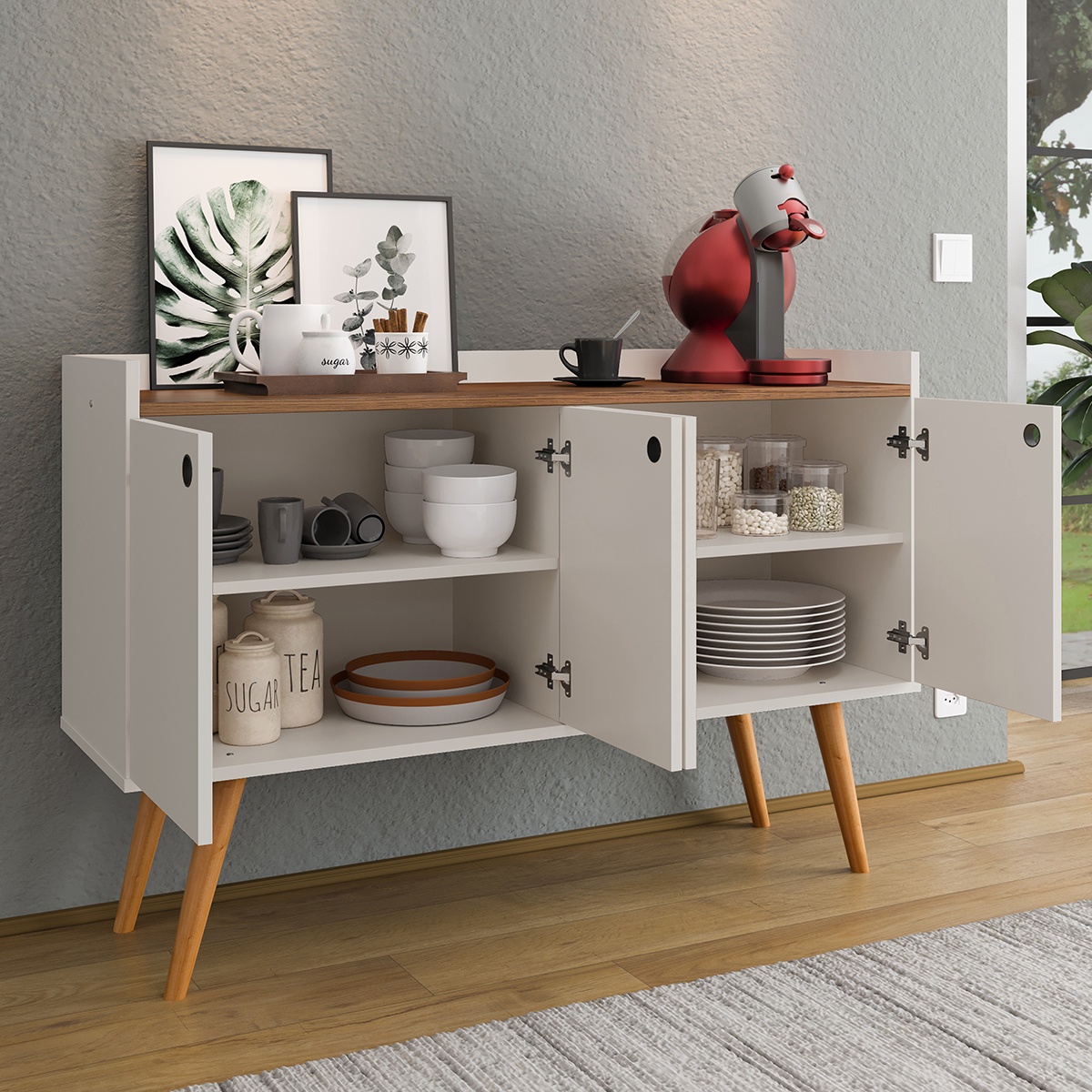 Aparador Buffet Dallas Pés Palito Retrô 4 Portas Decoração Sala Jantar Cantinho Café - Off White/Freijó - RPM Móveis