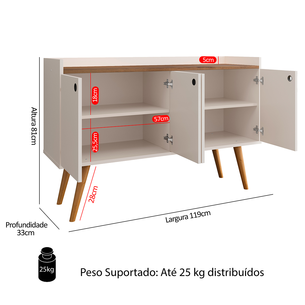 Aparador Buffet Dallas Pés Palito Retrô 4 Portas Decoração Sala Jantar Cantinho Café - Off White/Freijó - RPM Móveis