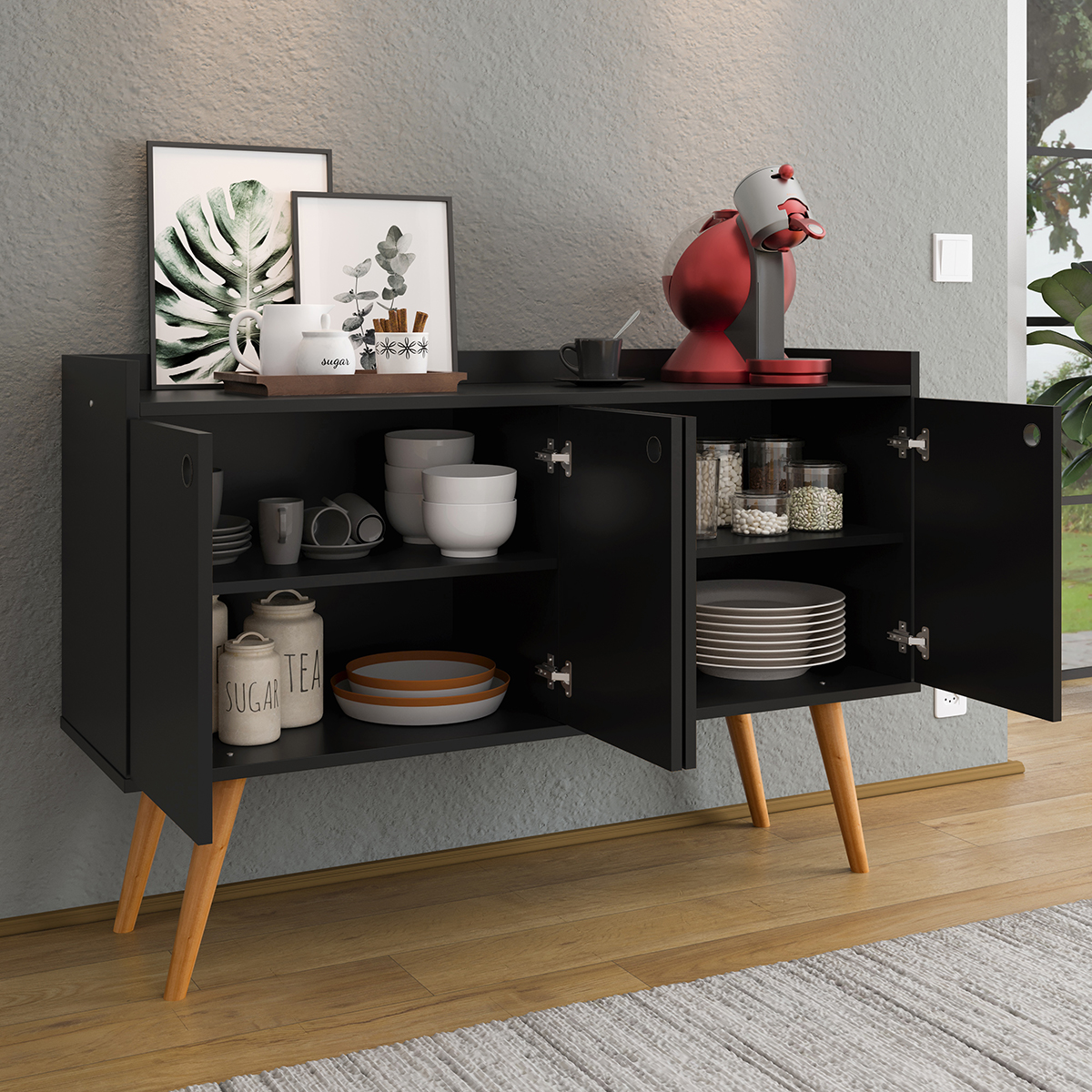 Aparador Buffet Dallas Pés Palito Retrô 4 Portas Decoração Sala Jantar Cantinho Café - Preto - RPM Móveis