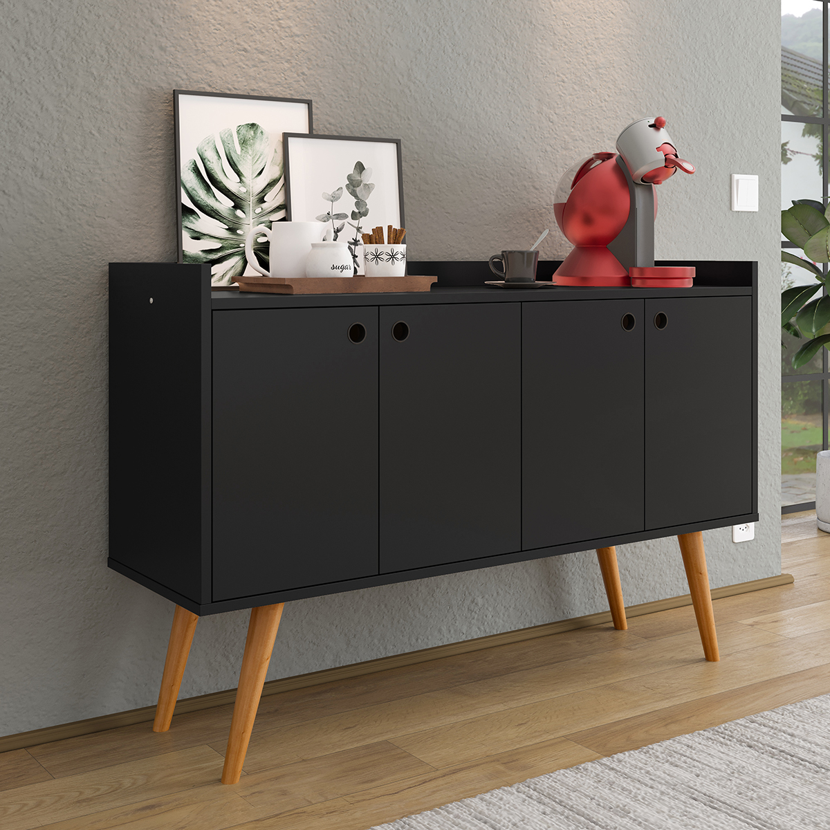 Aparador Buffet Dallas Pés Palito Retrô 4 Portas Decoração Sala Jantar Cantinho Café - Preto - RPM Móveis