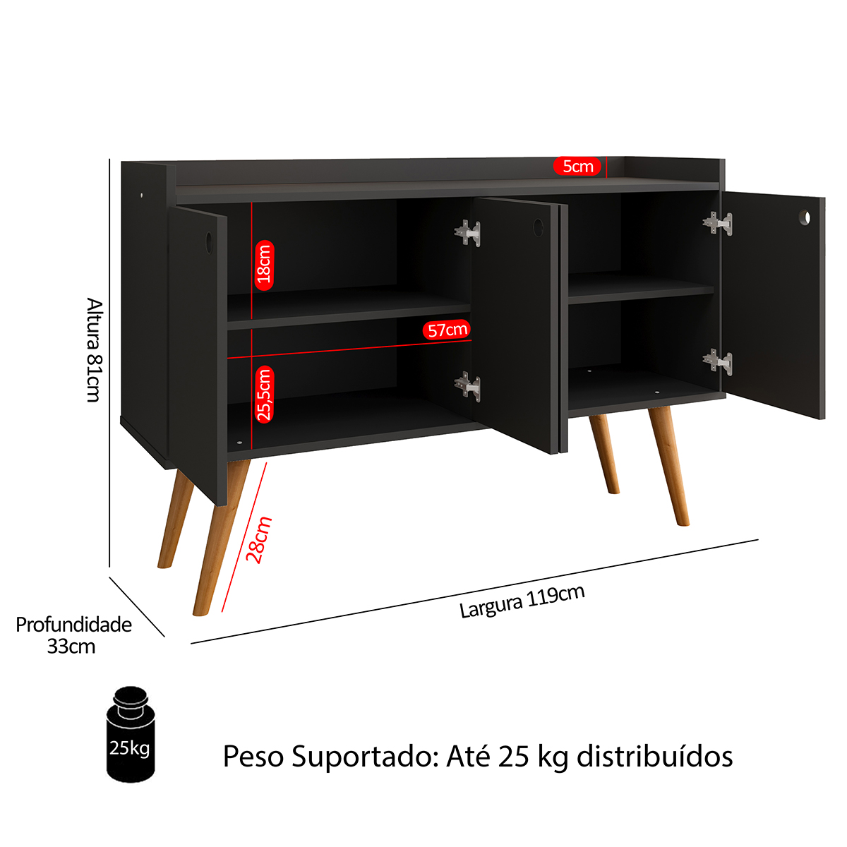 Aparador Buffet Dallas Pés Palito Retrô 4 Portas Decoração Sala Jantar Cantinho Café - Preto - RPM Móveis