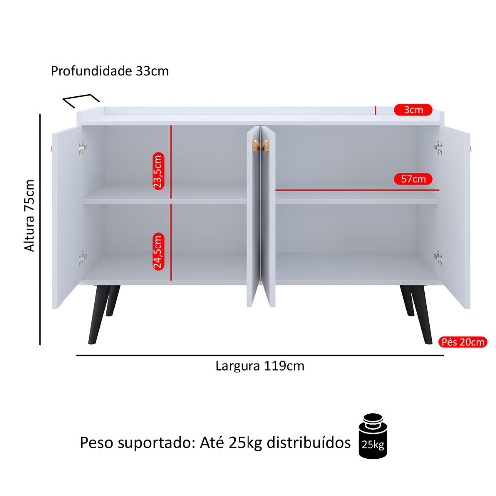 Aparador Buffet Kiev Cantinho Café 4 Portas Puxador Concha Prateleira Interna Organizadora Pés Retrô - Branco - RPM Móveis