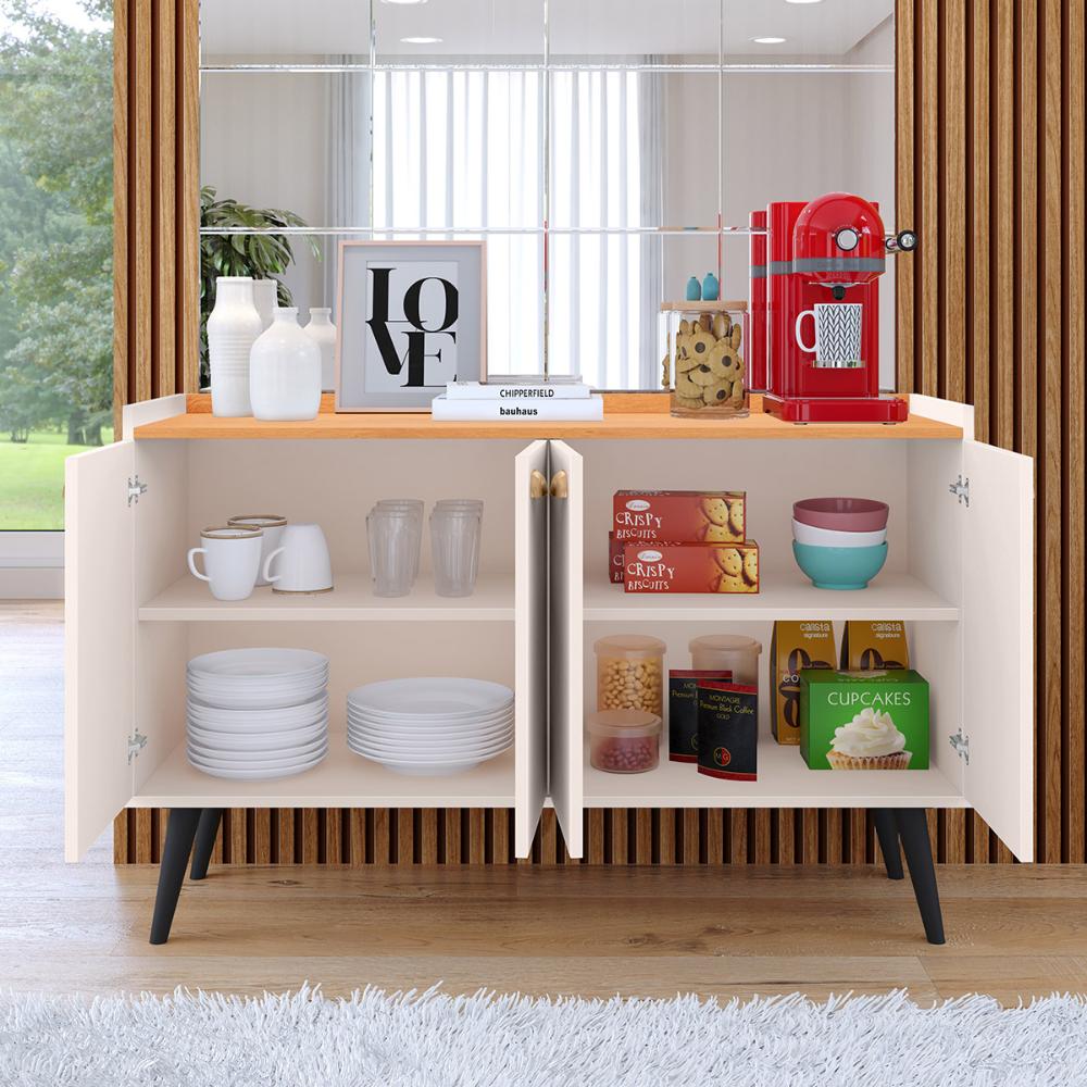 Aparador Buffet Kiev Cantinho Café 4 Portas Puxador Concha Prateleira Interna Organizadora Pés Retrô - Off White/Cinamomo - RPM Móveis