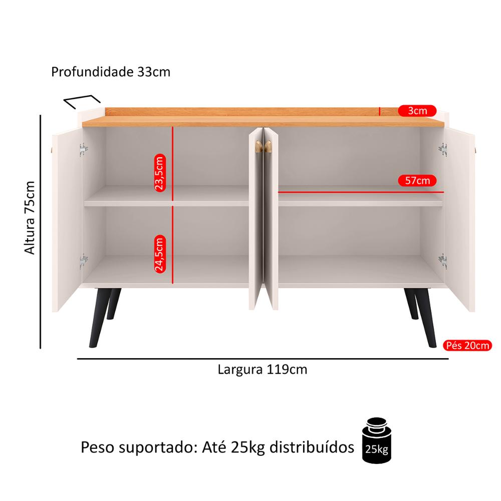 Aparador Buffet Kiev Cantinho Café 4 Portas Puxador Concha Prateleira Interna Organizadora Pés Retrô - Off White/Cinamomo - RPM Móveis