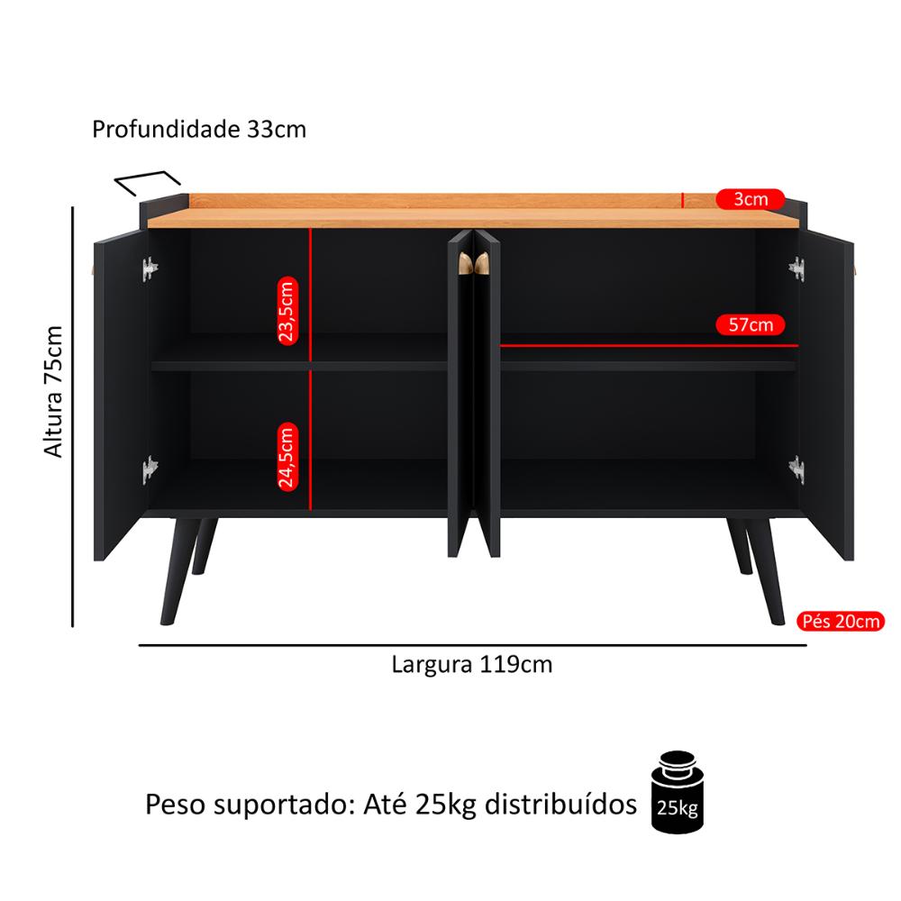 Aparador Buffet Kiev Cantinho Café 4 Portas Puxador Concha Prateleira Interna Organizadora Pés Retrô - Preto/Cinamomo - RPM Móveis