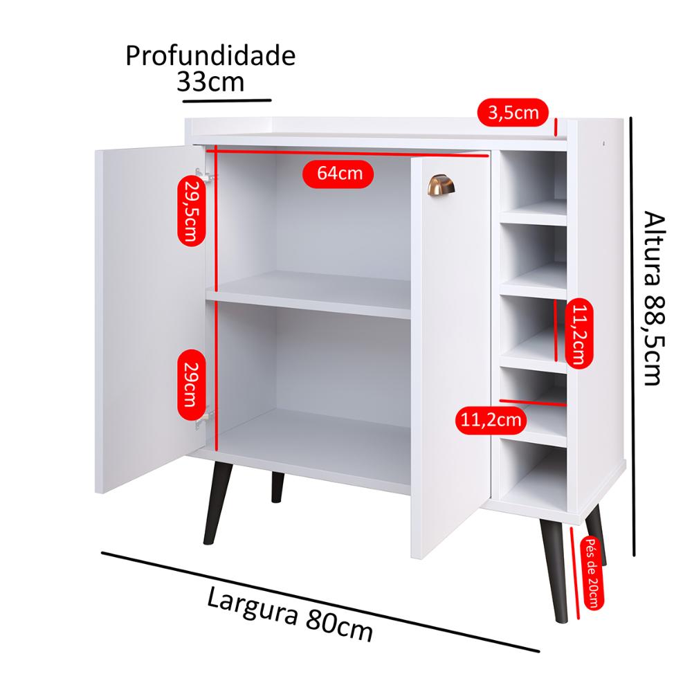 Aparador Buffet Madero Barzinho Adega 5 Garrafas 2 Portas Puxadores Concha Cantinho Café Decoração Sala - Branco - RPM Móveis