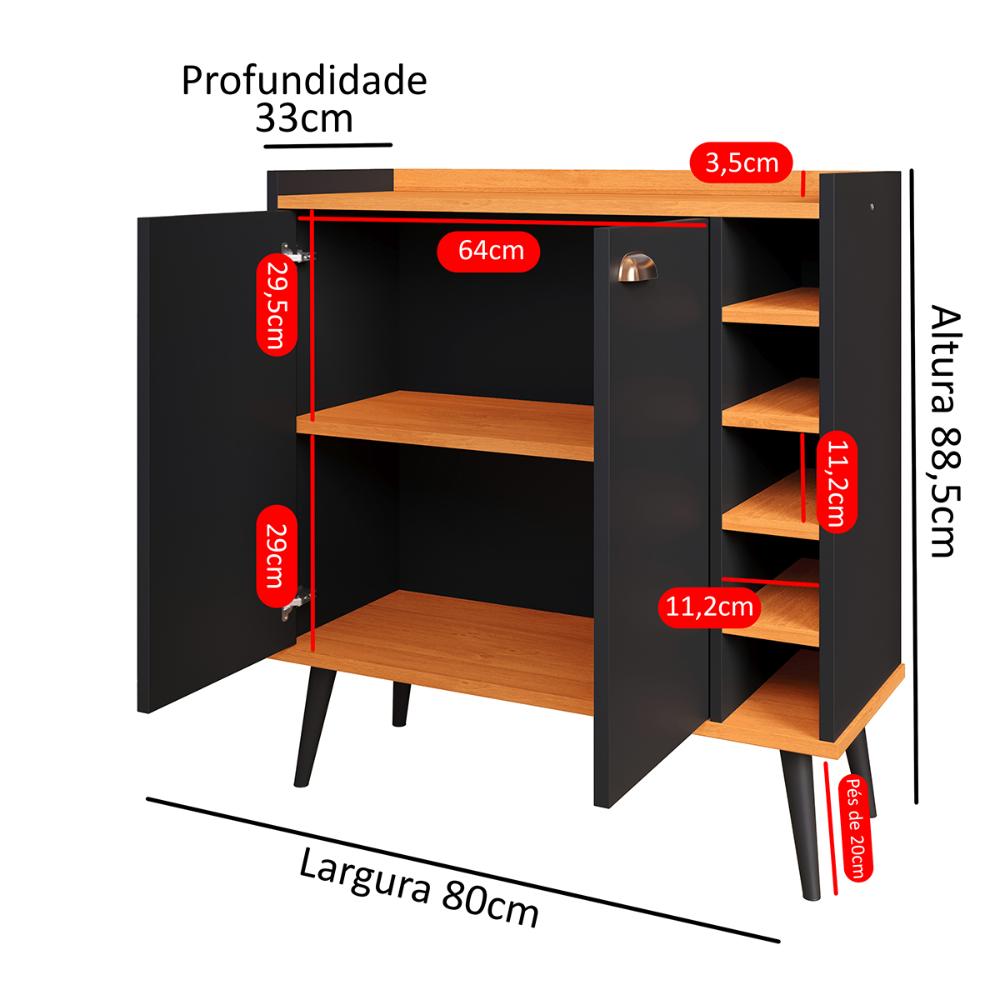 Aparador Buffet Madero Barzinho Adega 5 Garrafas 2 Portas Puxadores Concha Cantinho Café Decoração Sala - Preto/Cinamomo - RPM Móveis
