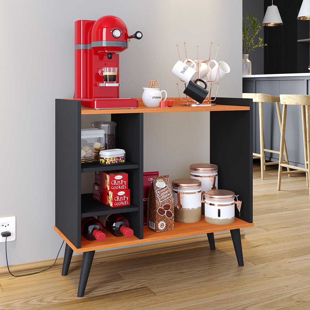 Aparador Buffet Maria Cantinho Café Nicho Decoração Cozinha Sala Jantar Organizador - Preto/Cinamomo - RPM Móveis