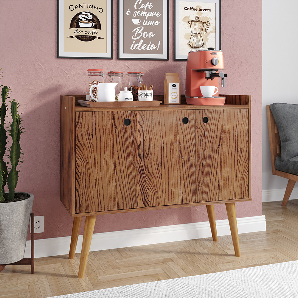Aparador Buffet Wood Prime 3 Portas Cantinho Café Prateleira Organizadora Pés Palito Decoração Retrô - Freijó - RPM Móveis