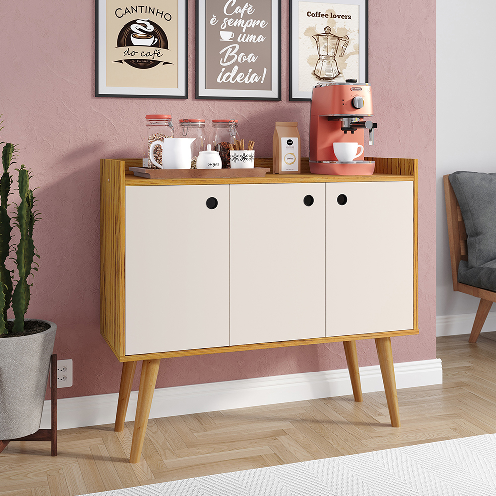 Aparador Buffet Wood Prime 3 Portas Cantinho Café Prateleira Organizadora Pés Palito Decoração Retrô - Nature-Off White - RPM Móveis