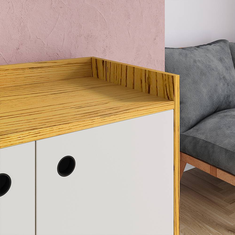 Aparador Buffet Wood Prime 3 Portas Cantinho Café Prateleira Organizadora Pés Palito Decoração Retrô - Nature-Off White - RPM Móveis
