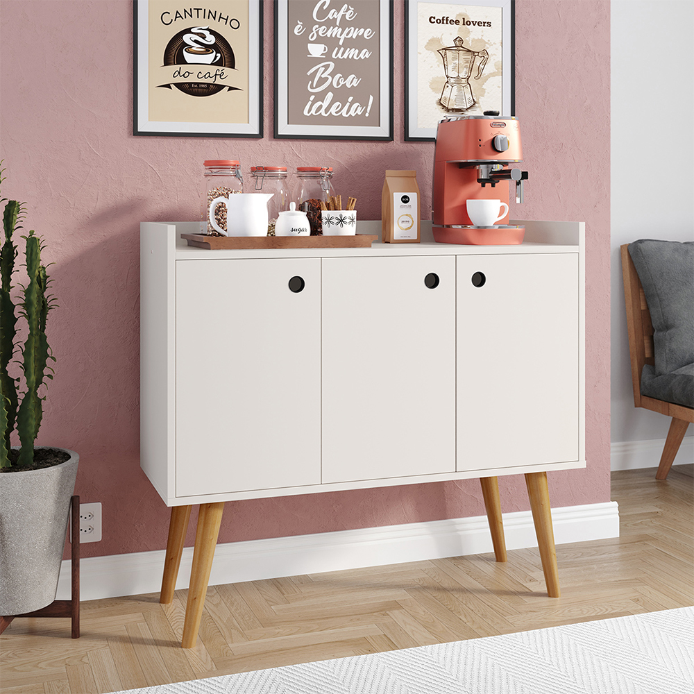 Aparador Buffet Wood Prime 3 Portas Cantinho Café Prateleira Organizadora Pés Palito Decoração Retrô - Off White - RPM Móveis