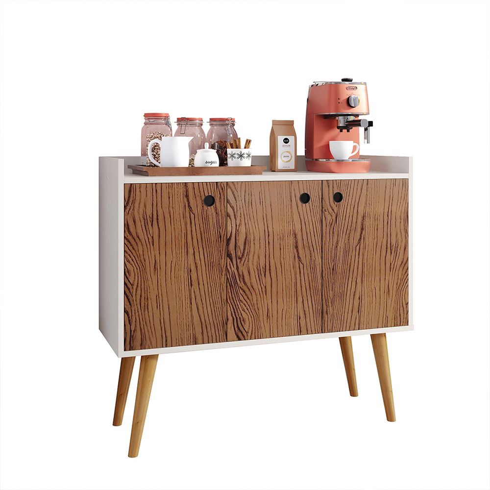 Aparador Buffet Wood Prime 3 Portas Cantinho Café Prateleira Organizadora Pés Palito Decoração Retrô - Off White-Freijó - RPM Móveis