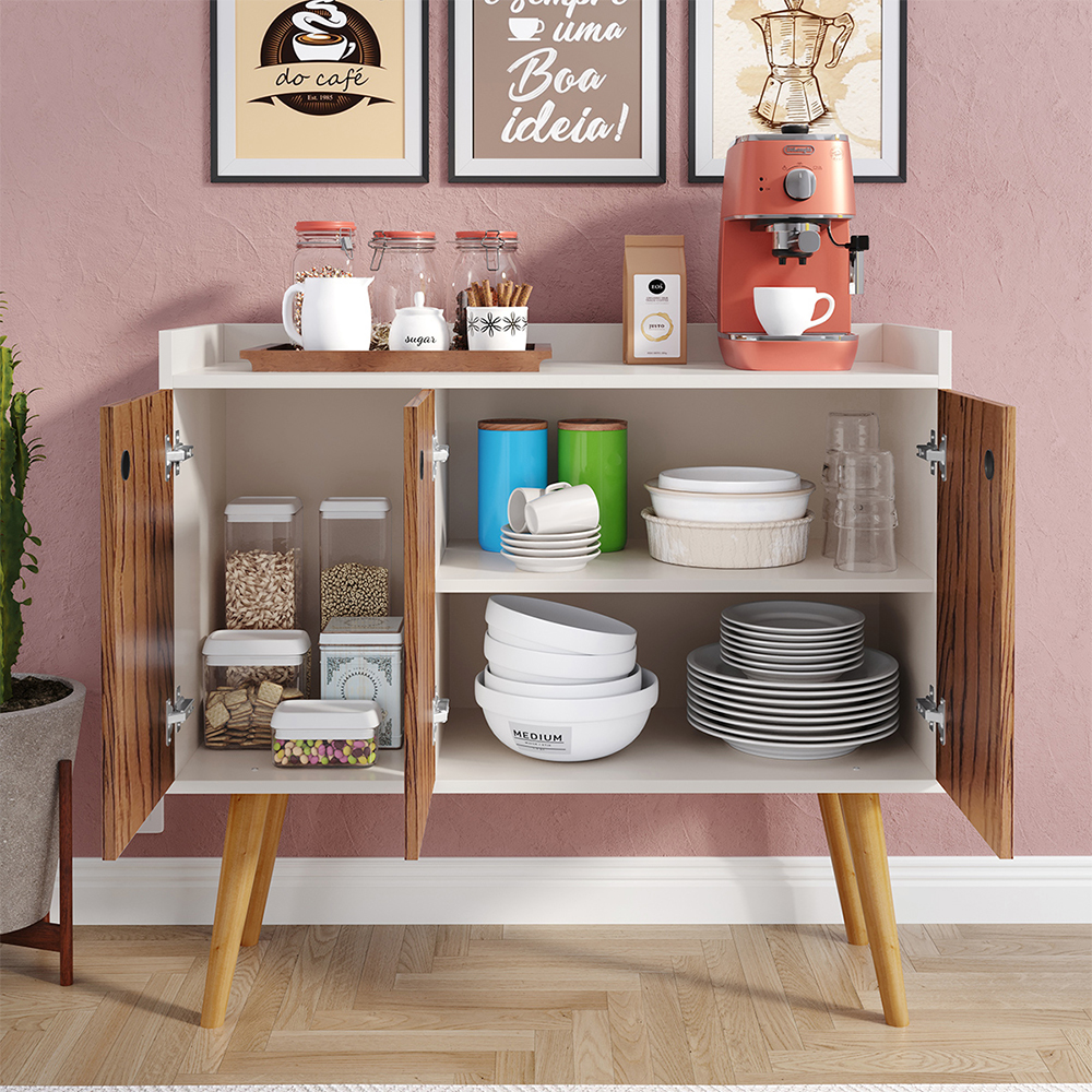 Aparador Buffet Wood Prime 3 Portas Cantinho Café Prateleira Organizadora Pés Palito Decoração Retrô - Off White-Freijó - RPM Móveis