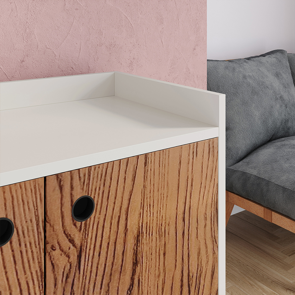 Aparador Buffet Wood Prime 3 Portas Cantinho Café Prateleira Organizadora Pés Palito Decoração Retrô - Off White-Freijó - RPM Móveis