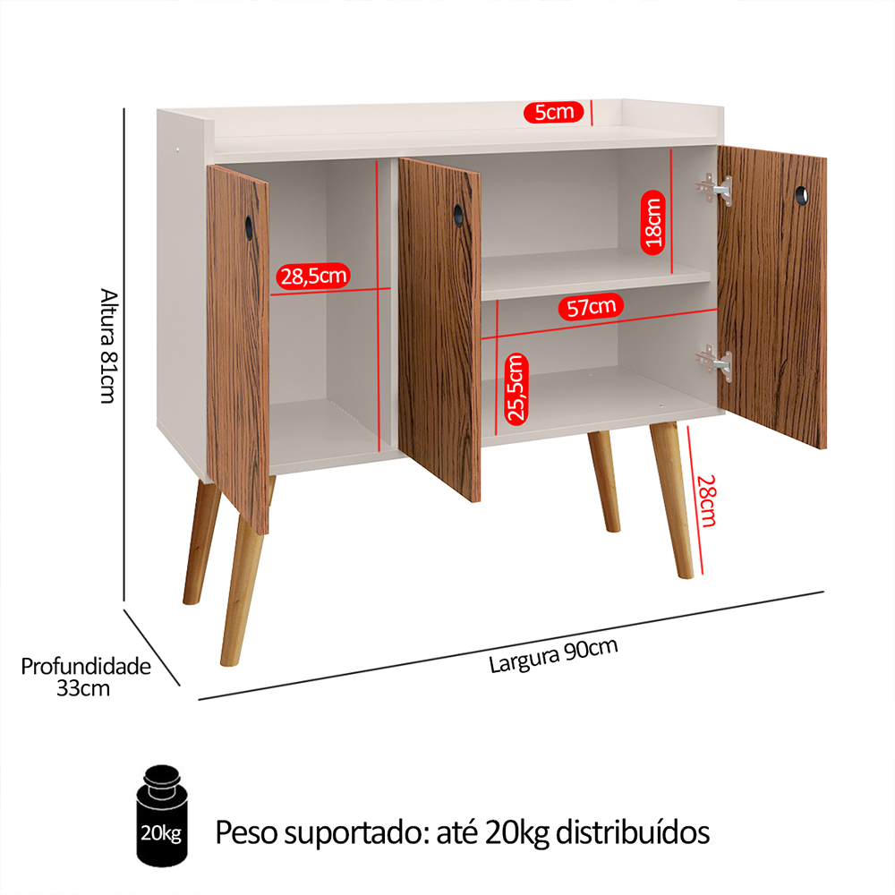 Aparador Buffet Wood Prime 3 Portas Cantinho Café Prateleira Organizadora Pés Palito Decoração Retrô - Off White-Freijó - RPM Móveis