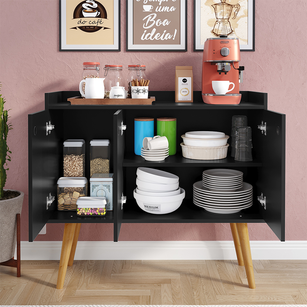 Aparador Buffet Wood Prime 3 Portas Cantinho Café Prateleira Organizadora Pés Palito Decoração Retrô - Preto - RPM Móveis