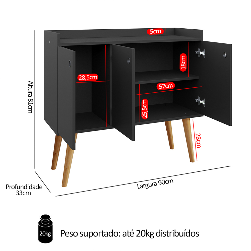 Aparador Buffet Wood Prime 3 Portas Cantinho Café Prateleira Organizadora Pés Palito Decoração Retrô - Preto - RPM Móveis