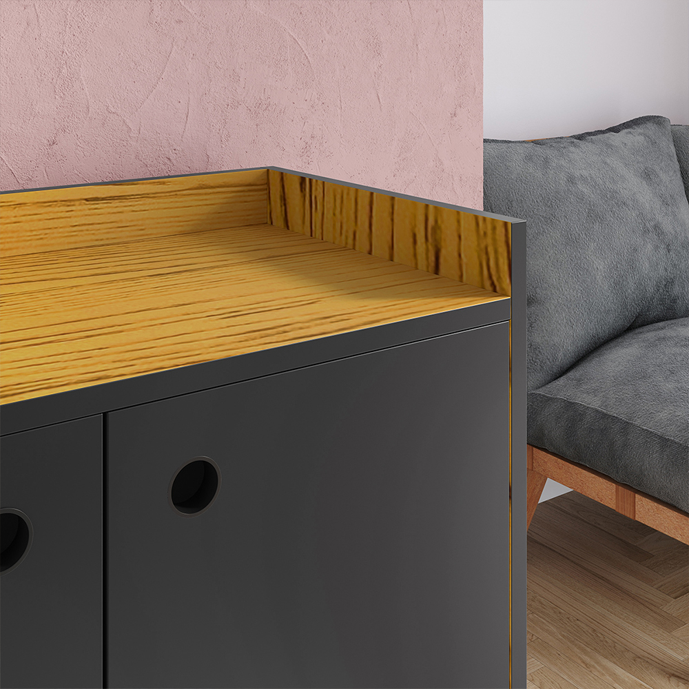 Aparador Buffet Wood Prime 3 Portas Cantinho Café Prateleira Organizadora Pés Palito Decoração Retrô - Preto-Nature - RPM Móveis