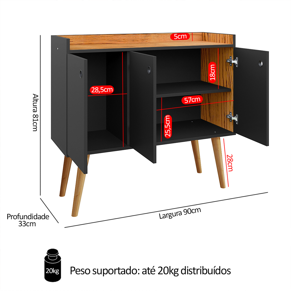 Aparador Buffet Wood Prime 3 Portas Cantinho Café Prateleira Organizadora Pés Palito Decoração Retrô - Preto-Nature - RPM Móveis